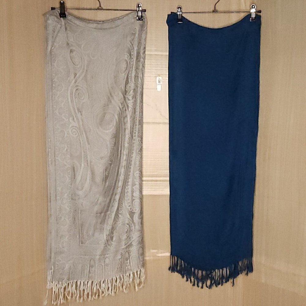 Women’s Silky Fringe Scarf Wrap Teal Silver Bundle